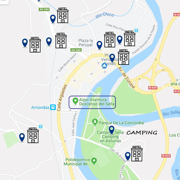 Mapa de Arriondas con alojamientos hotelero