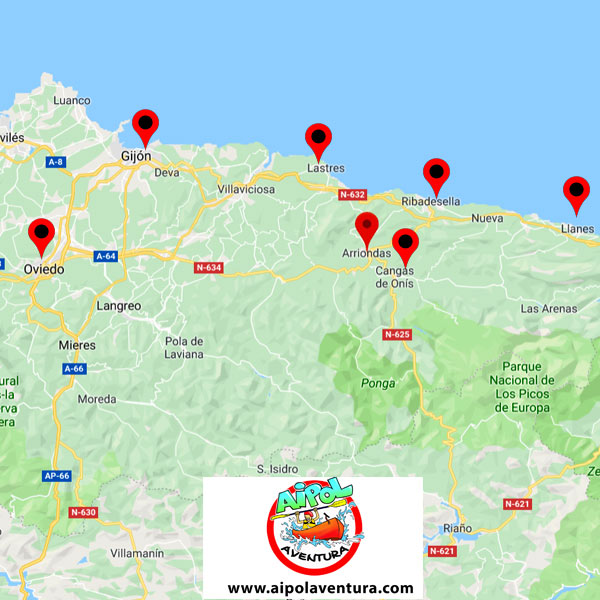Ubicación de Arriondas respecto a principales localidades asturiana
